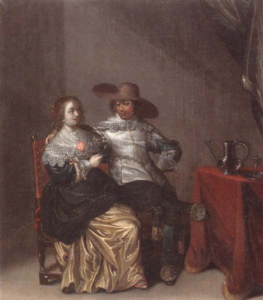 An interior with a soldier makng advances to a lady,deside a table draped with a red cloth,with a pewther jug and an upturned roemer on a pewter dish